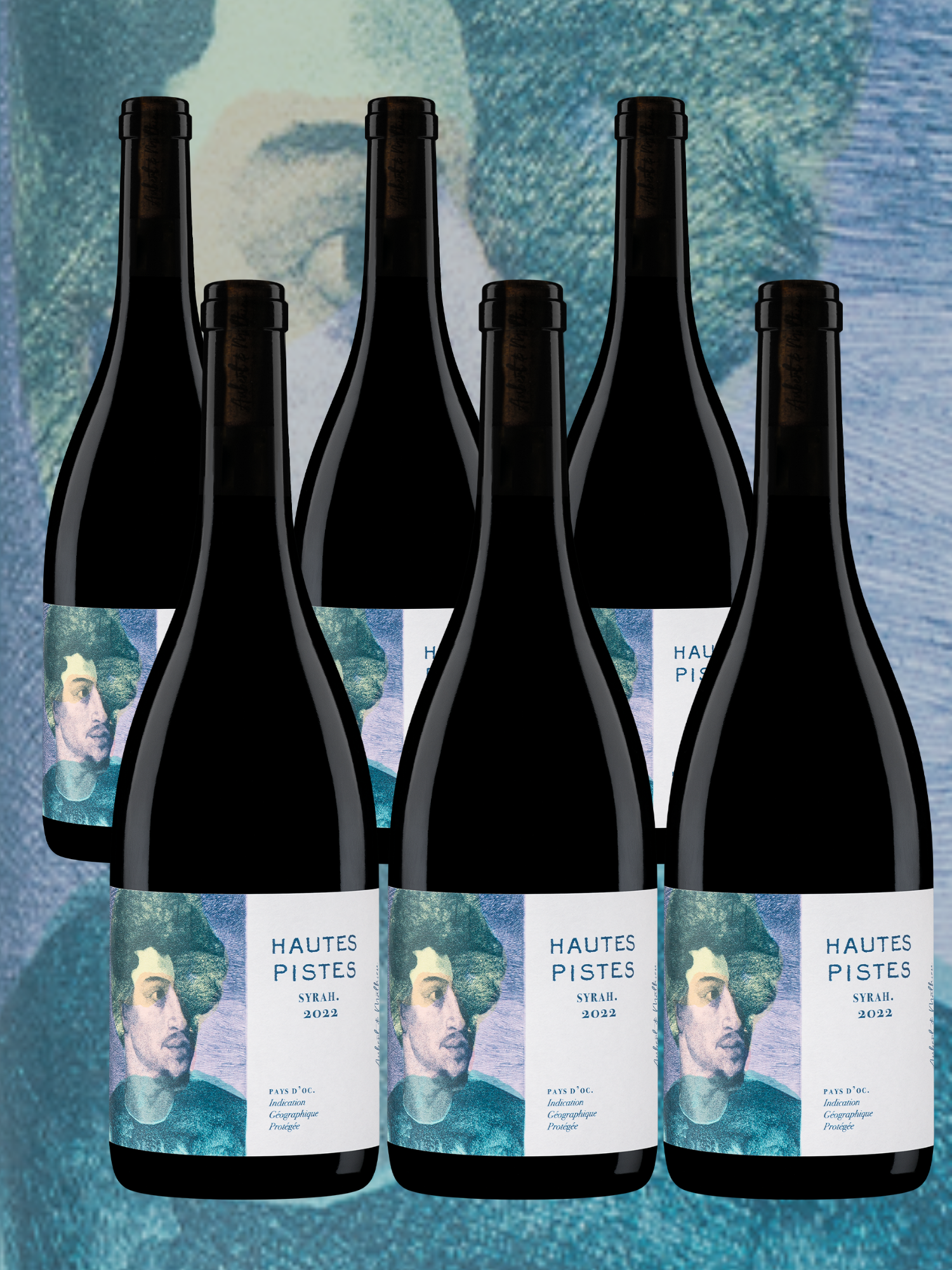 Six bouteilles de vin rouge Hautes Pistes Syrah, IGP Pays d’Oc, soyeux et concentré.