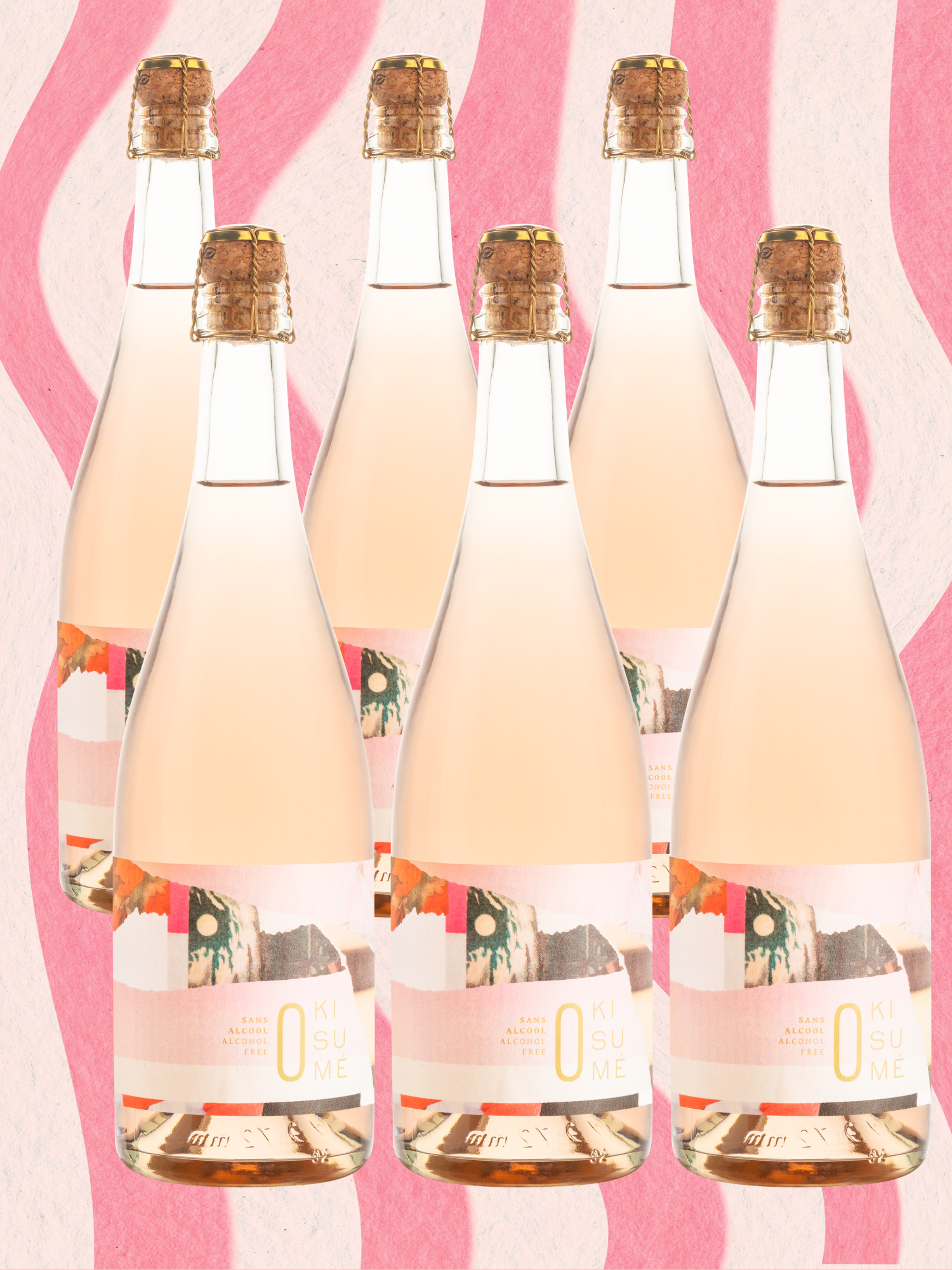 Six bouteilles de boisson aromatisée à base de vin désalcoolisé gazéifié, Kisumé rosé, vibrant et fruité.